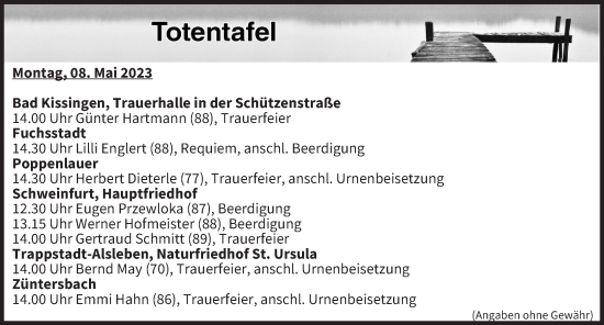 Anzeige von Totentafel vom 08.05.2023 von MGO