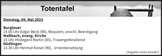Anzeige von Totentafel vom 09.05.2023 von MGO