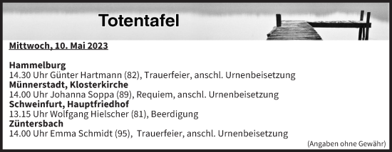 Anzeige von Totentafel vom 10.05.2023 von MGO