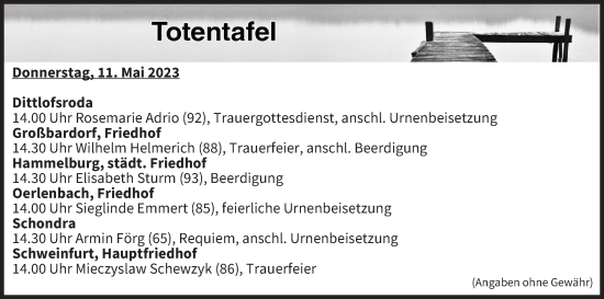 Anzeige von Totentafel vom 11.05.2023 von MGO