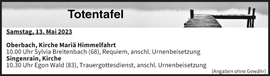 Anzeige von Totentafel vom 13.05.2023 von MGO