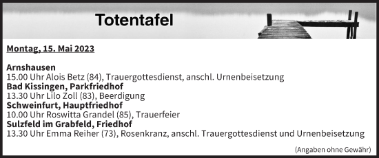 Anzeige von Totentafel vom 15.05.2023 von MGO