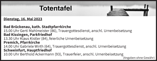 Anzeige von Totentafel vom 16.05.2023 von MGO