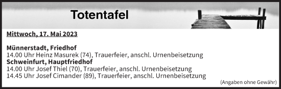Anzeige von Totentafel vom 17.05.2023 von MGO