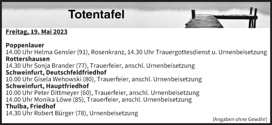 Anzeige von Totentafel vom 19.05.2023 von MGO