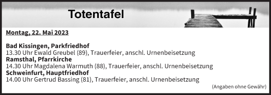 Anzeige von Totentafel vom 22.05.2023 von MGO