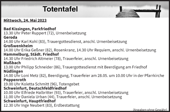 Anzeige von Totentafel vom 24.05.2023 von MGO