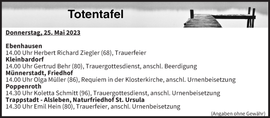 Anzeige von Totentafel vom 25.05.2023 von MGO