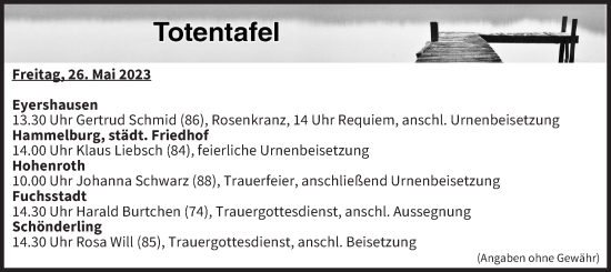 Anzeige von Totentafel vom 26.05.2023 von MGO