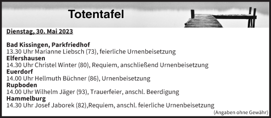 Anzeige von Totentafel vom 30.05.2023 von MGO
