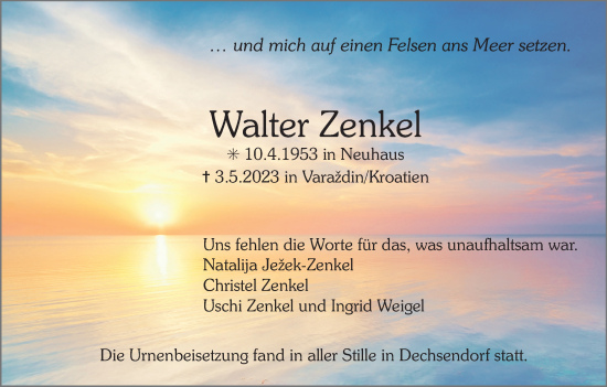 Anzeige von Walter Zenkel von MGO