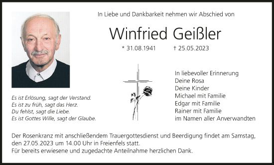 Anzeige von Winfried Geißler von MGO