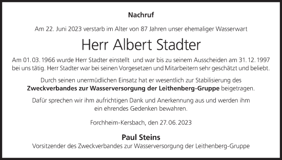 Anzeige von Albert Stadter von MGO