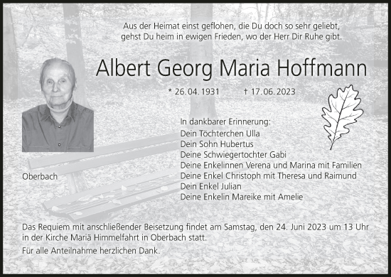 Anzeige von Albert Georg Maria Hoffmann von MGO