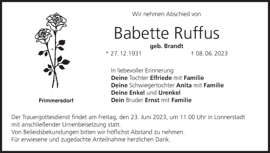 Anzeige von Babette Ruffus von MGO