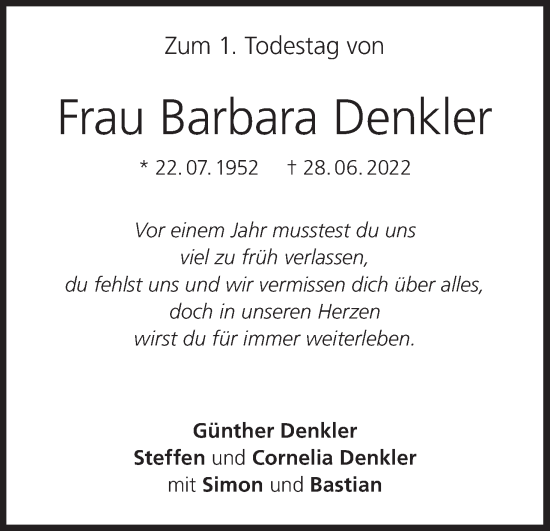 Anzeige von Barbara Denkler von MGO