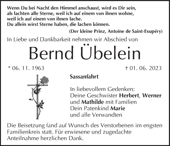Anzeige von Bernd Übelein von MGO