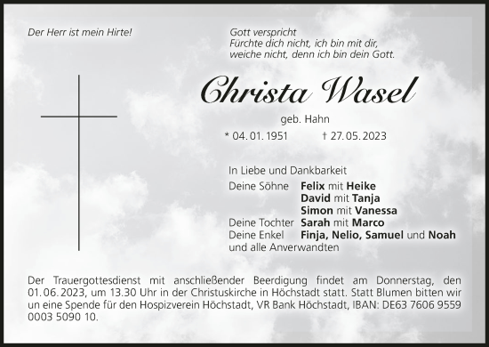 Anzeige von Christa Wasel von MGO
