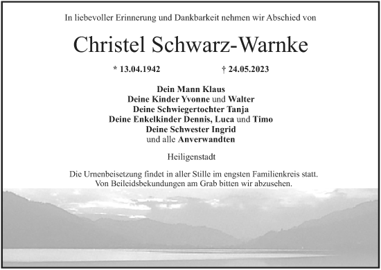 Anzeige von Christel Schwarz-Warnke von MGO