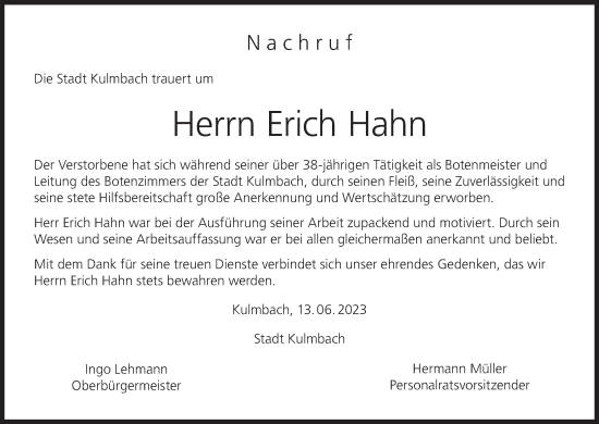 Anzeige von Erich Hahn von MGO