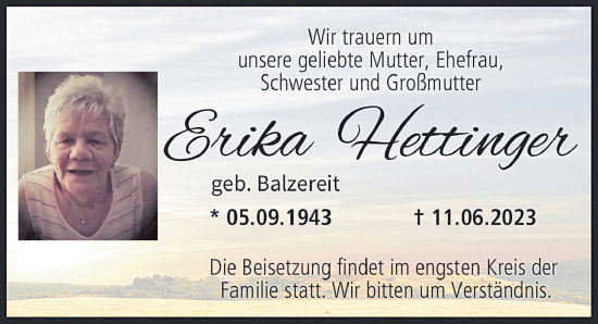 Anzeige von Erika Hettinger von MGO