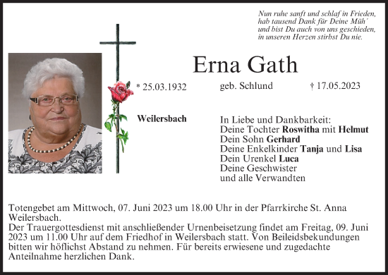 Anzeige von Erna Gath von MGO