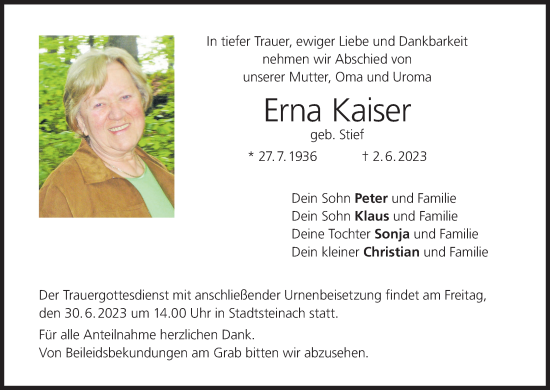 Anzeige von Erna Kaiser von MGO
