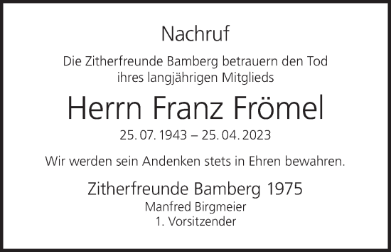 Anzeige von Franz Frömel von MGO