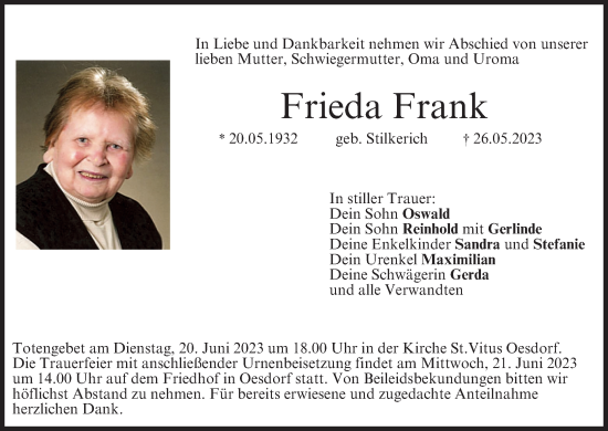 Anzeige von Frieda Frank von MGO