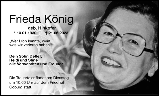 Anzeige von Frieda König von MGO