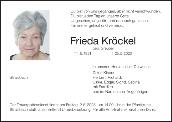 Anzeige von Frieda Kröckel von MGO