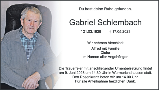 Anzeige von Gabriel Schlembach von MGO