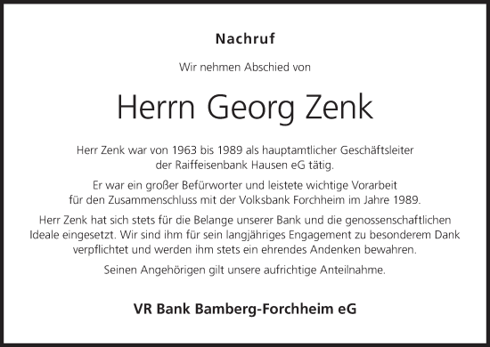 Anzeige von Georg Zenk von MGO
