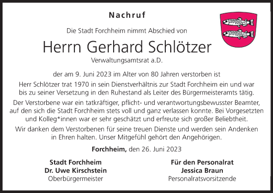 Anzeige von Gerhard Schlötzer von MGO