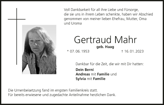 Anzeige von Gertraud Mahr von MGO