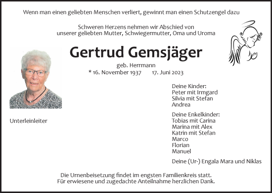 Anzeige von Gertrud Gemsjäger von MGO