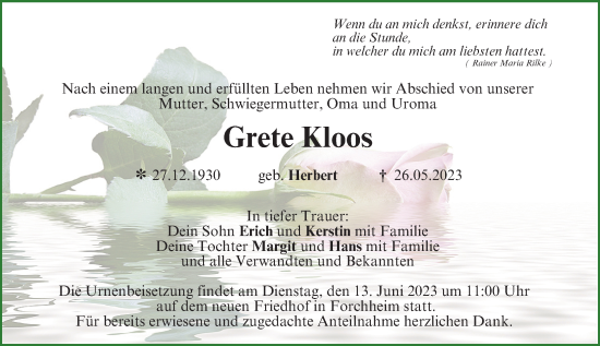 Anzeige von Grete Kloos von MGO