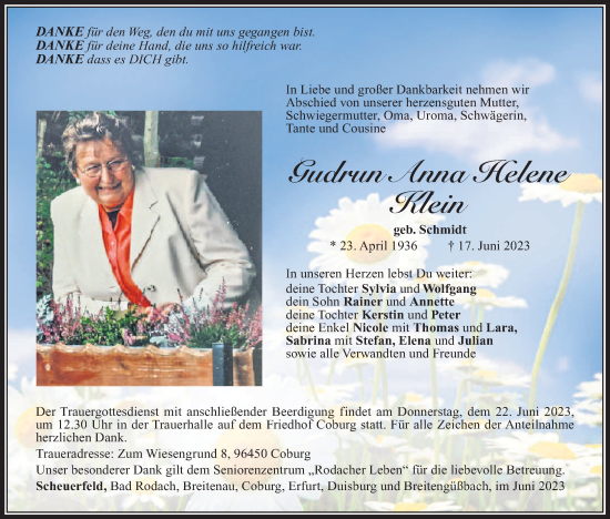 Anzeige von Gudrun Anna Helene Klein von MGO