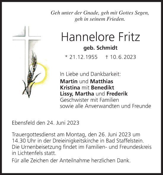 Anzeige von Hannelore Fritz von MGO