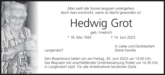 Anzeige von Hedwig Grot von MGO