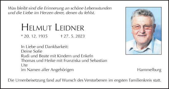 Anzeige von Helmut Leidner von MGO