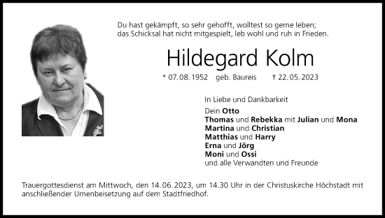Anzeige von Hildegard Kolm von MGO