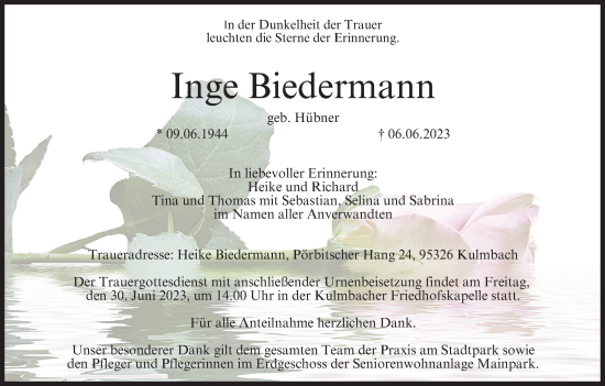 Anzeige von Inge Biedermann von MGO