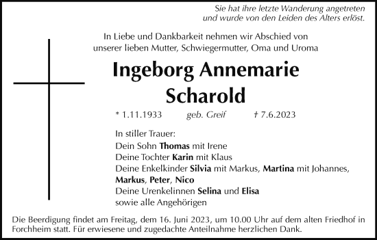 Anzeige von Ingeborg Annemarie Scharold von MGO