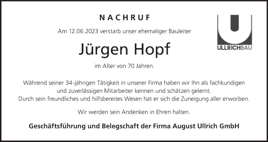 Anzeige von Jürgen Hopf von MGO