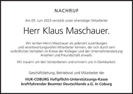 Anzeige von Klaus Maschauer von MGO
