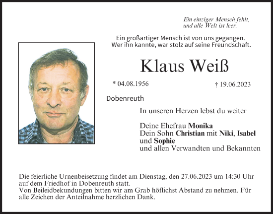 Anzeige von Klaus Weiß von MGO