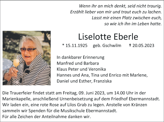 Anzeige von Liselotte Eberle von MGO