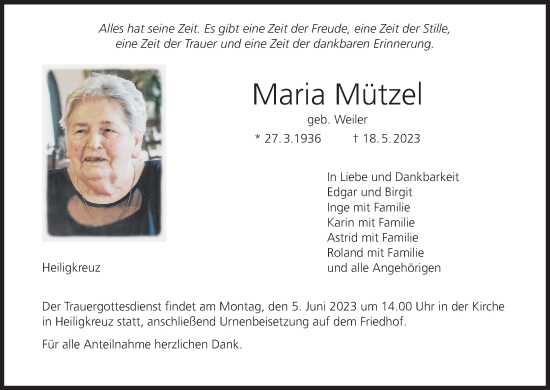 Anzeige von Maria Mützel von MGO