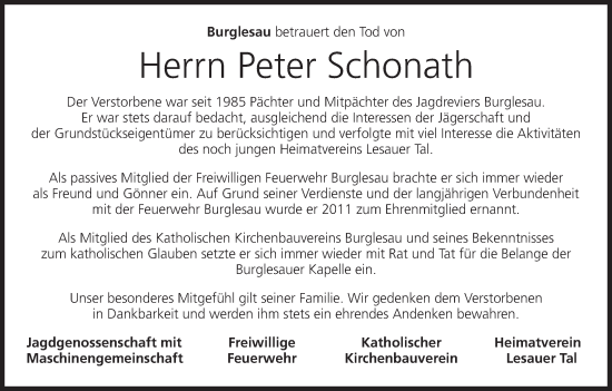 Anzeige von Peter Schonath von MGO